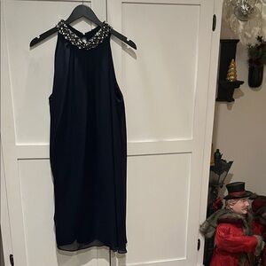 Vince Camuto Midnight Blue Midi Dress with Jewel Neckline